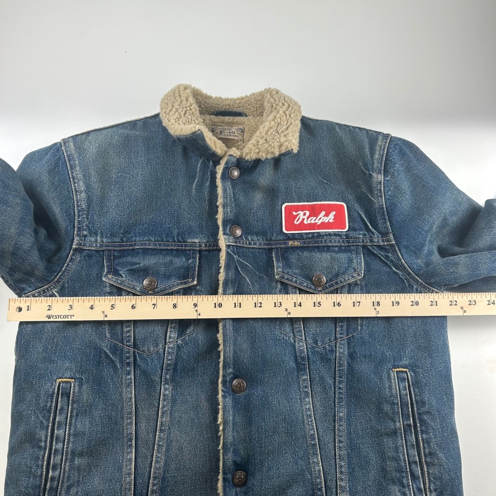 Polo Ralph Lauren Mens M Sherpa Lined Denim Trucker Jacket Blue Barn Work Biker - Picture 2 of 13